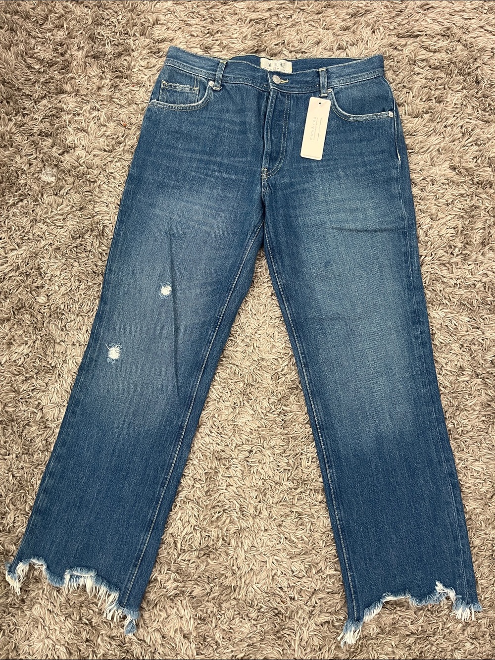 We The Free Distressed Cropped Blue Jeans with Frayed Hem